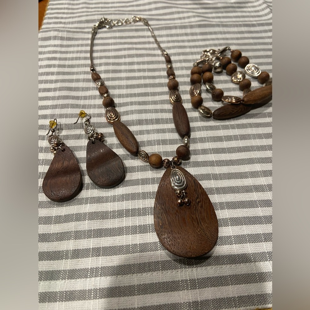 Brighton necklace, earrings, bracelet wood beads pendants silver beads